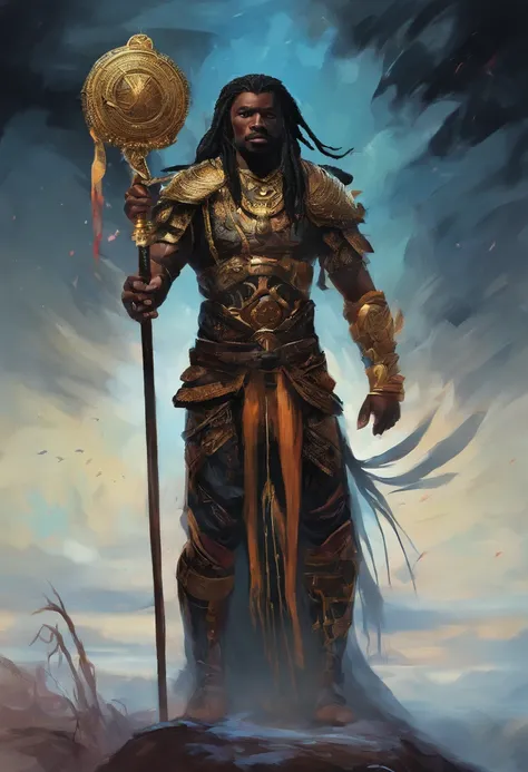 Um homem negro, gordo, usando roupas de guerreiros africanos antigos , carrying a shield in his left arm and a spear in his right arm, com poderes da terra e tendo um stand ((Jojo)) das sobras chamado "castle of Glass" , usando cabelo dread ((corpo_todo))