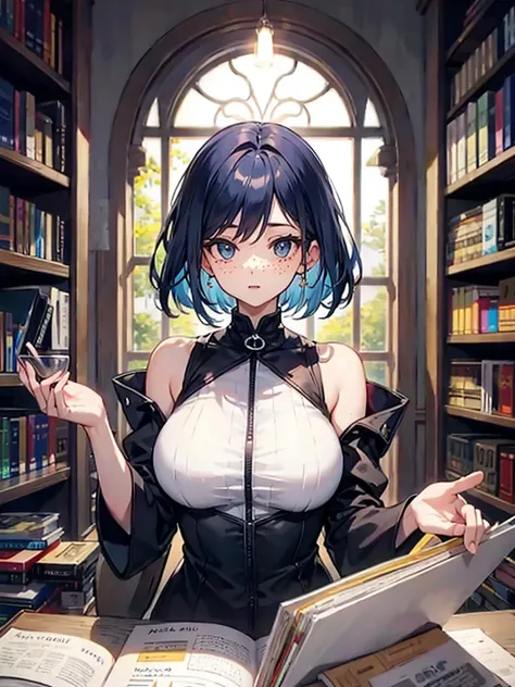 （（（masterpiece、Highest image quality、highest quality、highly detailed unity 8ｋwallpaper）））、（（Illustration of one girl、upper body））、（（（beautiful girl）））、（librarian）、（（blue hair、freckles））、（stocky build, thickset physique：1.3, broad shoulders, solid chest）、bi...