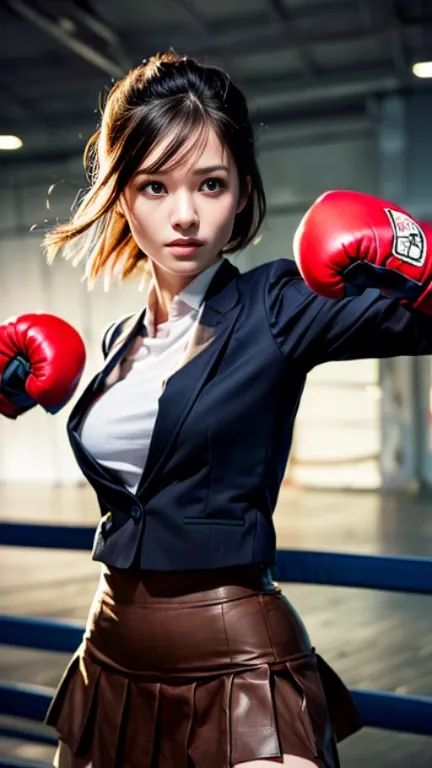 table top, highest quality, Super detailed, finely, High resolution, 8k wallpaper, perfect dynamic composition, whole body,beautiful and detailed eyes,medium hair, natural color lip,smile,(Wearing a brown school blazer uniform,Red Boxing Gloves:1.3),(long ...