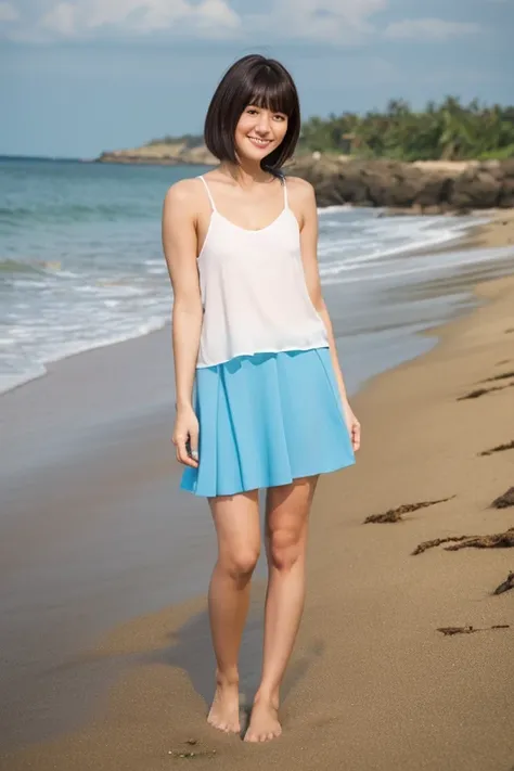 Full-body front photo of a beautiful innocent Japanese girl standing on the sandy beach, high teenager, Height: 155cm, bust 79cm, Waist 55cm, Hips 90cm, thick and healthy thighs, thin ankles, barefoot, Stand up straight on the sandy beach and rest your fee...