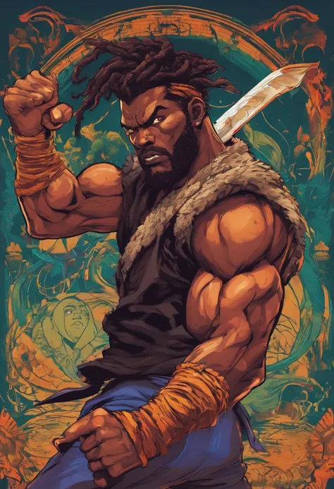 Um homem negro, gordo, usando roupas de guerreiros africanos antigos , carrying a shield in his left arm and a spear in his right arm, com poderes da terra e tendo um stand ((Jojo)) das sobras chamado "castle of Glass" , usando cabelo dread ((corpo_todo))