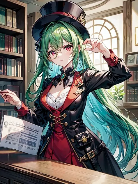 （（（masterpiece、Highest image quality、highest quality、highly detailed unity 8ｋwallpaper）））、（（Illustration of one girl、upper body））、（（（beautiful girl）））、（librarian）、（Emerald green hair、sidelocks：1.2、red eyes、crazy smile）、（（（flat chest）））、（monocle）、pocket wat...