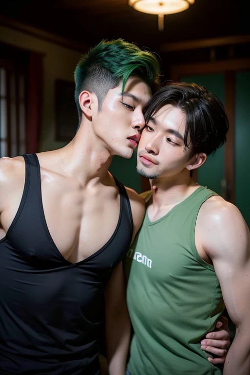 Masterpiece,best quality,Very detailed,Handsome young man, Thai, 25 years old, green hair, kissing the neck of a handsome Thai man, 25 years old, wearing a tank top. Wear black underwear