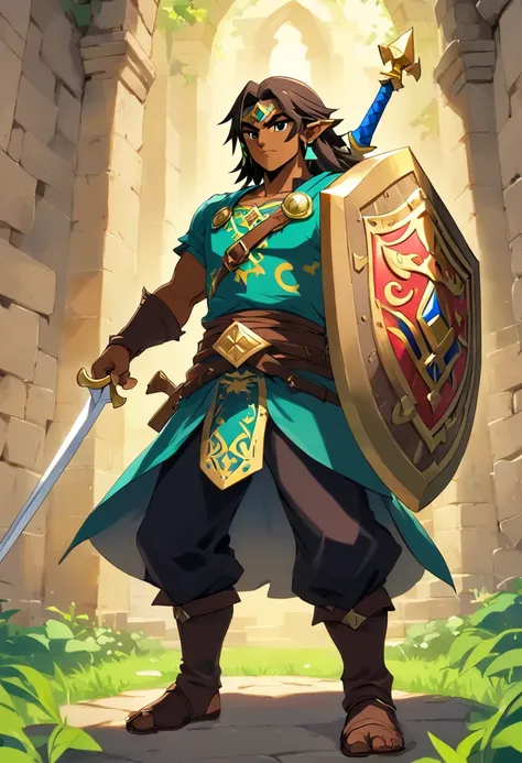 Um homem negro, gordo ((1,75cm_123kg)), usando roupas de guerreiros africanos antigos , carrying a shield in his left arm and a spear in his right arm, com poderes da terra e tendo um stand ((Jojo)) das sobras chamado "castle of Glass" , usando cabelo drea...