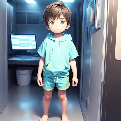 male child, with brown hair and blue hoodie and green shorts and brown eyes., diferent perspectives for references 