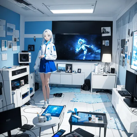 the room is covered with televisions, video and other electronic devices, white and blue, gender bending,1girl