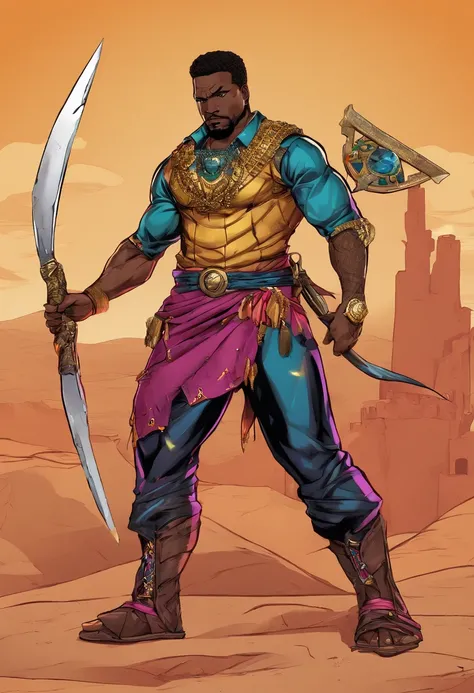 Um homem negro, gordo ((1,75cm_123kg)), usando roupas de guerreiros africanos antigos , carrying a shield in his left arm and a spear in his right arm, com poderes da terra e tendo um stand ((Jojo)) das sobras chamado "castle of Glass" , usando cabelo drea...