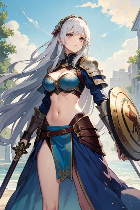 Female knight with a long sword and a large shield、17 years old、beautiful girl、Navel exposed、whole body