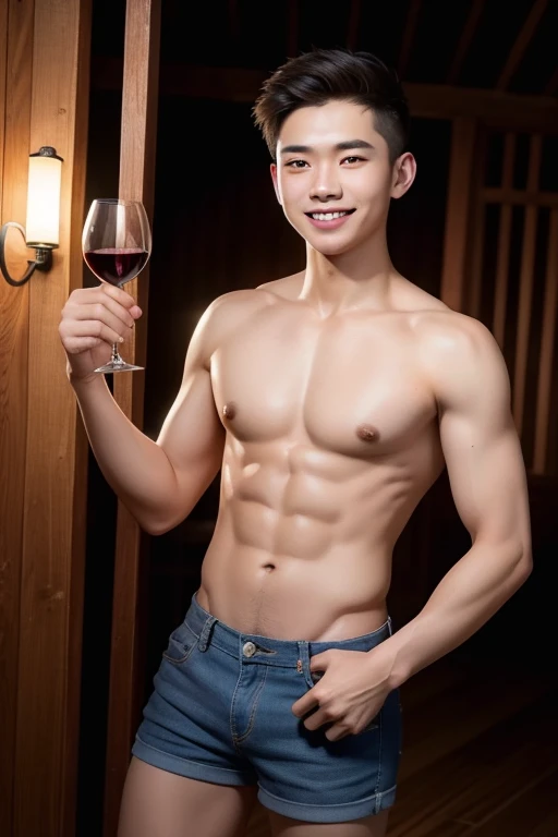 Masterpiece,best quality,Very detailed,Handsome Thai male teenager, smiling with fangs, water drops on his arms and shoulders, shorts, holding a glass of red wine in a wooden hut at night.