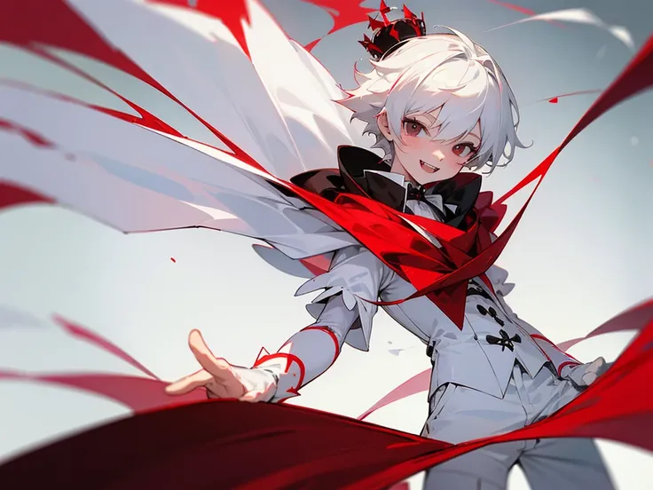 High resolution Shota Red rose Nobility One boy White hair Red and black eyes Double teeth White suit Gothic Lolita Slim Cute Toddler Boy High resolution High resolution Cute pose Moving Shorts Clothes like a prince Cloak Red and white Crown Masterpiece Ps...