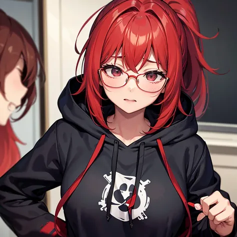 dull bangs、messy hair、Sloppy、cross-eyed、drunk、( fool / Sexual ecstasy)、Glasses、highest quality,  Beautiful charming anime girl, slender body, tied hair, one girl,wearing a hood,hoodie、close up of face、ponytail、red hair