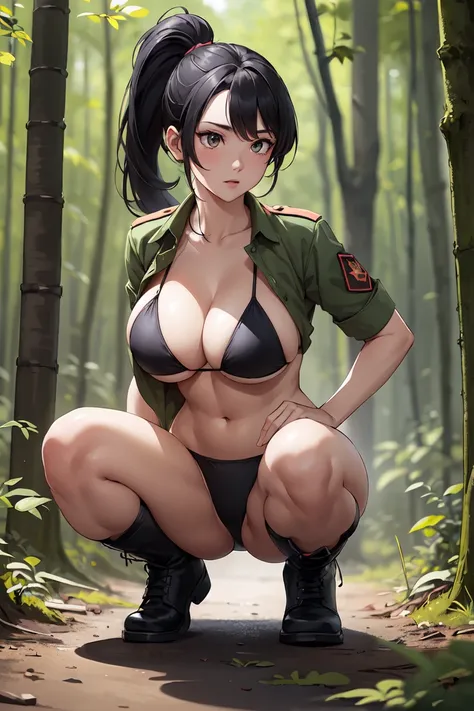 (best quality,Unparalleled masterpiece:1.4),Ultra-detailed CG 4K,black hair，in the forest，Female soldiers，Dark green combat uniform，high ponytail，commando，goggles， Black loose bikini，black military boots，huge，rendering，huge，squat on the ground