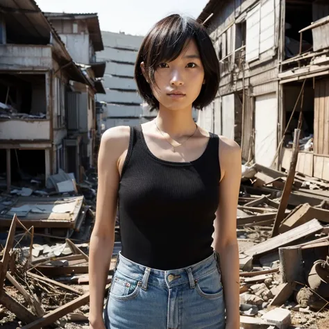 A Japanese woman, look at viewr, ((very Short hair)), ((skinny:1.3)), 27-years old, Post-apocalypse, Ruins,