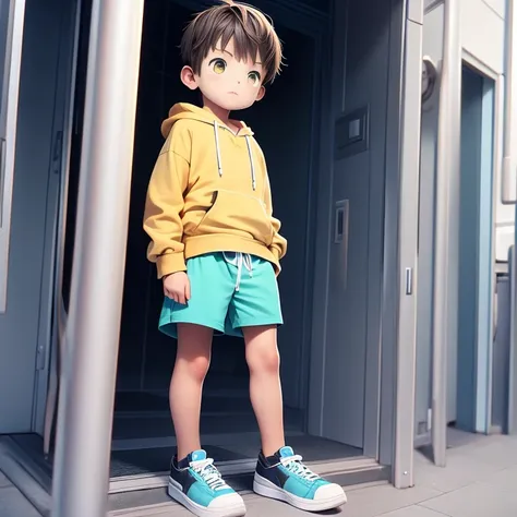 Male child who is looking to the side, with brown hair and blue hoodie and green shorts and brown eyes., 