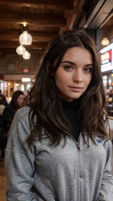 Femme brune foncée cheveux long visage fin avec les yeux gris vert classe au restaurant en station de ski de courchevel classe avec poitrine moyenne et mince