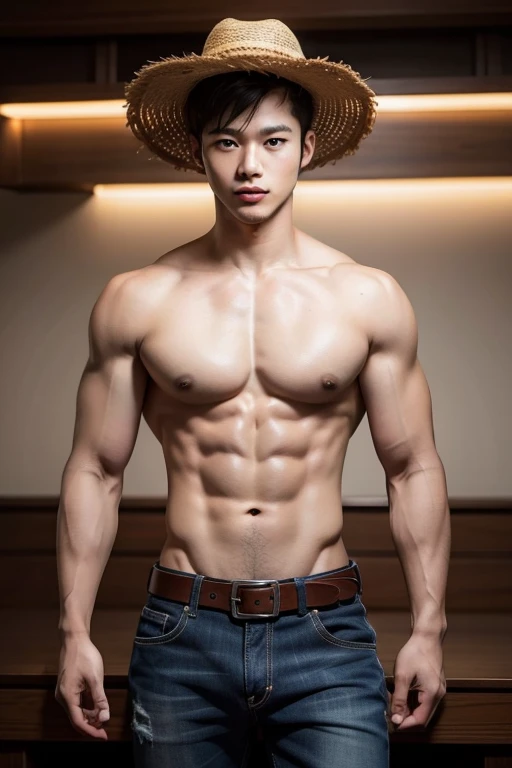 Masterpiece,best quality,Very detailed,A young Thai male, handsome, has a muscular chest, wears a straw hat with a skull-shaped belt on his belt, jeans with lights surrounding it.