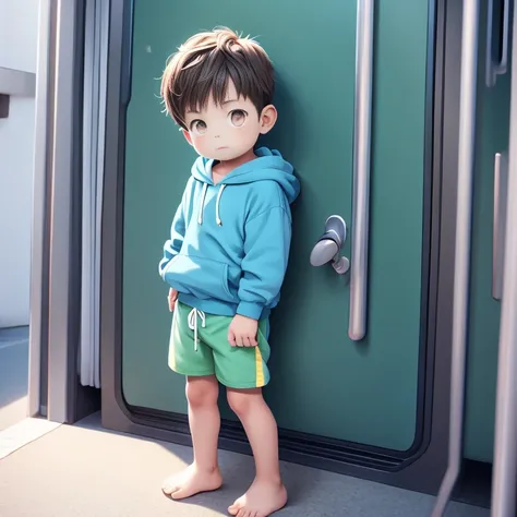 Male child who is looking to the side, with brown hair and blue hoodie and green shorts and brown eyes., 