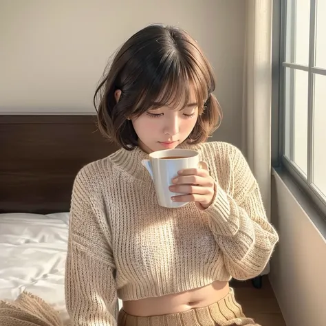 Cute woman wrapped in a fluffy blanket、Japanese、sitting、1 baby girl in、Japanese narrow studio apartment、Hold a ceramic coffee cup with both hands、viewer looking down、photograph、３５ｍｍfilm、Sleepy face、short hair、wavy hair、messy hair、Sleeping、no makeup、Plump r...