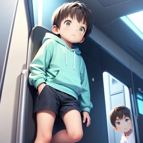 male child looking to the side, with brown hair and blue hoodie and green shorts and brown eyes., below perspective