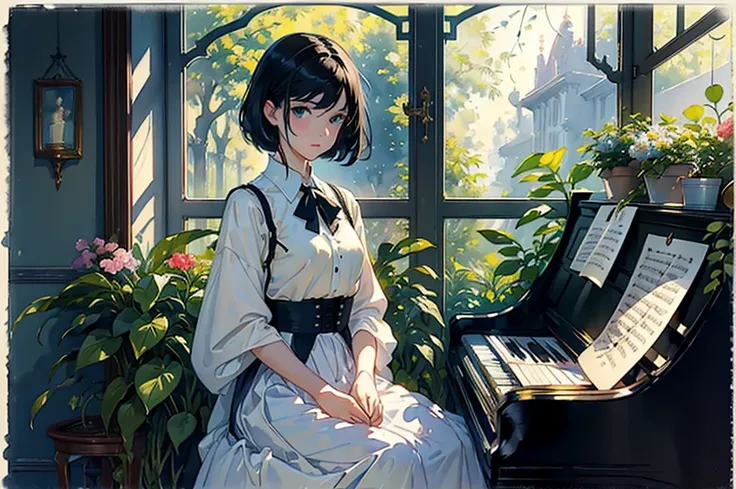 ((Watercolor by singer Sargent))、(highest quality、masterpiece)、1 girl、17 years old、wonderful、short black hair、black eye、small breasts、uniform、long skirt、piano、Draw sheet music for lots of music、score、music、Floral、window、Foliage plant、 wood、soft light、