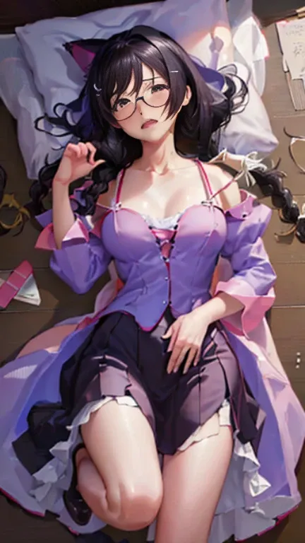 hanekawa tsubasa、attack of glasses、black hairの、big breastsの全裸、 (black hair, brown eyes, round face), big breasts, With ribbon, (blush your nose, Naughty, half-open eyes, drooling),on the bed in the infirmary, [full body shot]、BDSM、Lots of love juice、pale p...