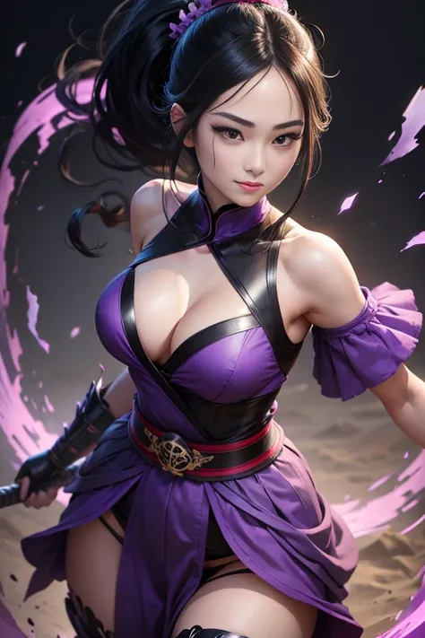 Black hair in a ponytail、Beautiful 25 year old Japan woman, white skin, double eyelid、serious expression, smile a little、Wearing a black and purple ninja costume, valley、waist up shot, dynamic pose, environmental lighting, photorealism, intricate face deta...