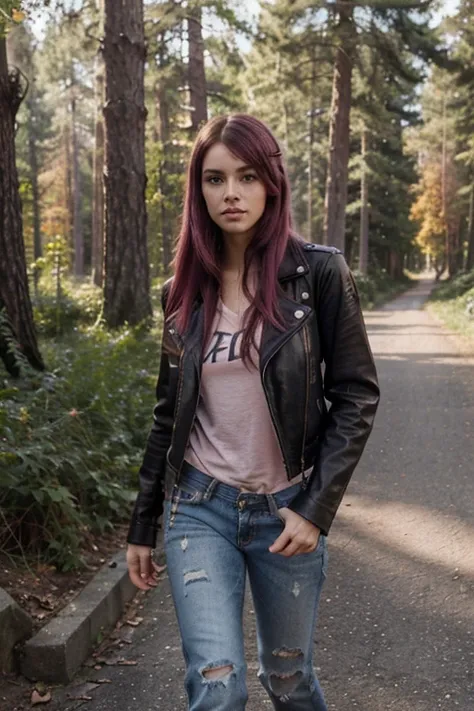 {model 20 year old, detailed long straight dark pink hair, purple eyes, broad shoulders, urban style, rock style, edgy style, street look, modest attitude, ripped dark jeans, motorbike leather jacket, stud jacket, beautiful face, wide eyes, detailed eyes, ...