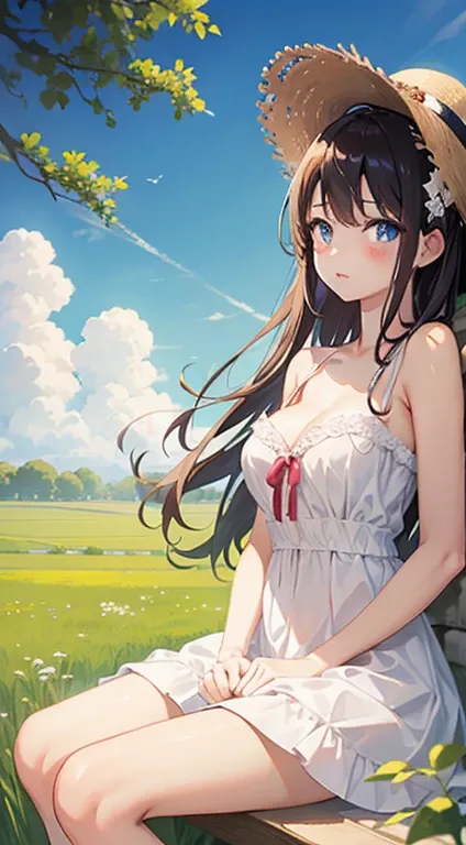 Beautiful girl in a white dress、17 years old、cleavage、bare shoulders、straw hat、summer、Field Load