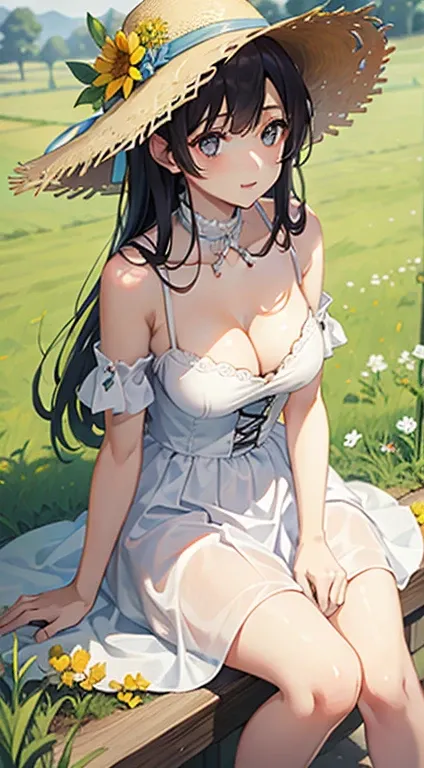 Beautiful girl in a white dress、17 years old、cleavage、bare shoulders、straw hat、summer、field road