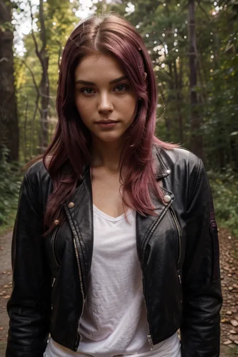 {model 20 year old, detailed long straight dark pink hair, purple eyes, broad shoulders, urban style, rock style, edgy style, street look, modest attitude, ripped dark jeans, motorbike leather jacket, stud jacket, beautiful face, wide eyes, detailed eyes, ...