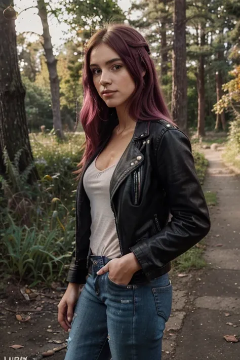 {model 20 year old, detailed long straight dark pink hair, purple eyes, broad shoulders, urban style, rock style, edgy style, street look, modest attitude, ripped dark jeans, motorbike leather jacket, stud jacket, beautiful face, wide eyes, detailed eyes, ...