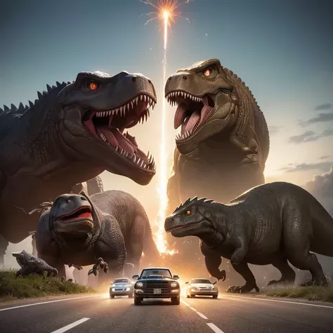 a vintage photo with the science-fiction theme showing a dinosaur t-rex rampage on the highway and cars exploding taken from the drivers seat showing aging with scratches, a futuristic robot is fighting with t-rex, photography, film noir, sephia