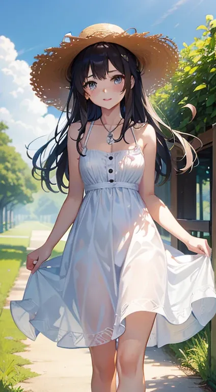 Beautiful girl in a white dress、17 years old、cleavage、bare shoulders、straw hat、summer、field road、Run、Are standing