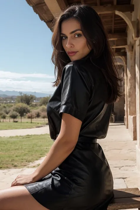 mujer adulta, Cabello negro largo y desordenado detallado, tiro lejano, Muscular, black french modern dress, Brown leather skirt, traditional french dress, No , Solo, pechos grandes, camisa negra debajo del vestido,Very dark brown supermodel, Hermoso rostr...