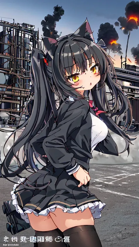 Cat Girl、cute、uniform、A girl wearing clothes that show off her back、muzzle firing bullets、Real Style、A big black factory in the background、Silence from the chimney々black smoke rising