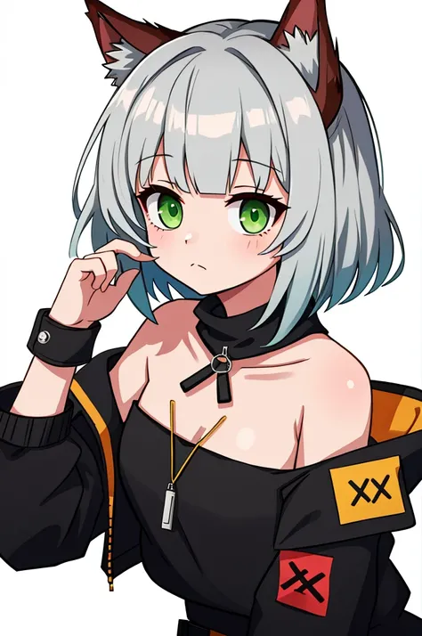 1girl, solo, kaltsit (arknights), green eyes,short hair, silver hair, animal ear fluff, animal ears, bangs, closed mouth, looking at viewer, bare shoulders, armband, strapless, off shoulder, bandeau, jacket, simple background, tube top, upper body, white b...