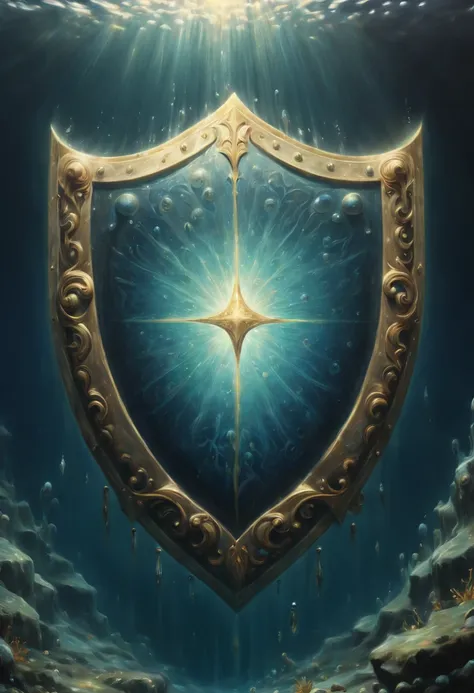 Close up of delicate ancient huge shield underwater, as ancient huge shield emits bright light, water element, each water bubble detailed and rendered with a masterful gouache technique, surrounded by mysterious atmosphere of light and shadow art, dark und...