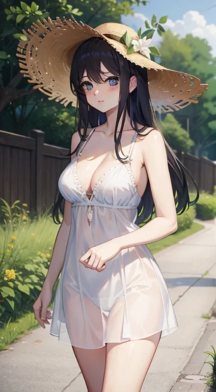 A beautiful girl wearing an almost transparent dress、17 years old、cleavage、bare shoulders、straw hat、summer、field road、Run