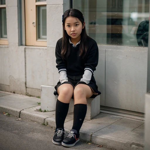 12 year old Asian girl in  with short skirt, knee socks and black shoes 