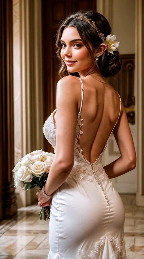 Kendall Jenner, (slender body), (huge breast), detailed face, (elf ear), happy smile, The girl is wearing a white wedding dress with a wonderful design, which wraps around her body elegantly. The dress opens with a large slit at the back, revealing the bea...