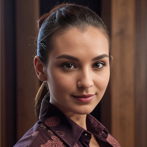 A portrait of a young woman with an elegant and sophisticated style. Her hair is pulled back into a ponytail with loose strands softly framing her face. She wears dark brown batik shirt, the portrait should exude poise and fashion-forward elegance.