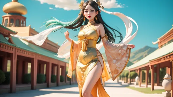 Chinese style，national current，Dunhuang style，a beautiful lady, Dunhuang costume tulle long skirt，flying in the air，Elegant posture ,Fantasy wonderland world ，Dunhuang Silk Road，Beautiful two-dimensional, Thick coating, Beautiful background，Perfectly creat...