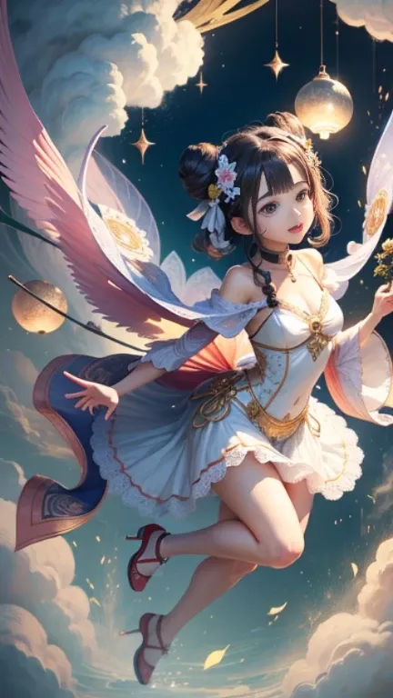 New Year&#39;s Eve，The beautiful little fairy wears a white neon dress embroidered with gold cloud patterns.，The flowing cloud bun reflects its classical beauty，Soft look，Smile with the hope and joy of the New Year，Spring Festival atmosphere，Surround the P...