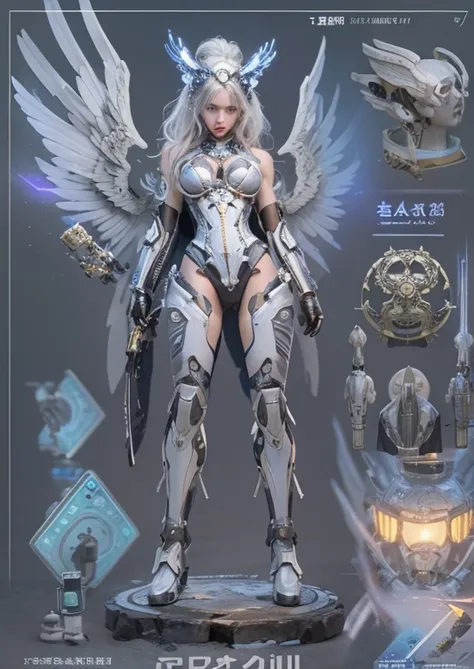 highest quality、masterpiece、Super high resolution、(Photoreal:1.4)、RAW photo、Cyborg Angel、large metal wings、white porcelain body、gray hair、glowing skin、1 cyborg girl、((Super realistic details))、Portrait、global illumination、Shadow、octane rendering、8K、super s...