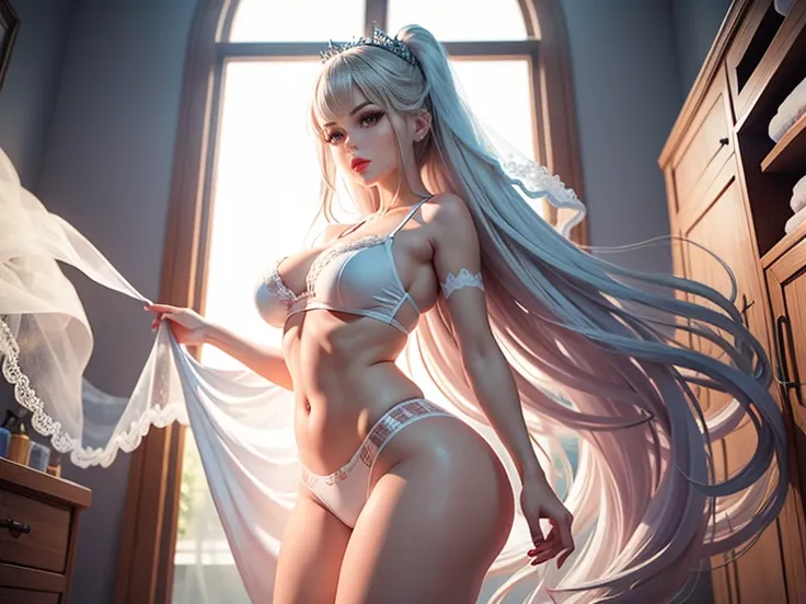 sports shoes，bridal beauty，white socks，stand，Refined face，long hair，denim hot-pants，White lace vest，bathroom，Bridal veil，Lolita，girl，float，Wind magic，flying petals，Floating hair，
，belly dance，Bare crotch，Exposing the upper part of the mons pubis and thick ...