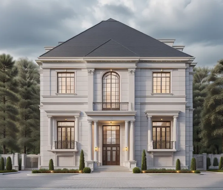 extremely realistic, best quality, ultra high resolution,
neoclassical exterior, modern villa, roads, cloudy sky, daylight, four...