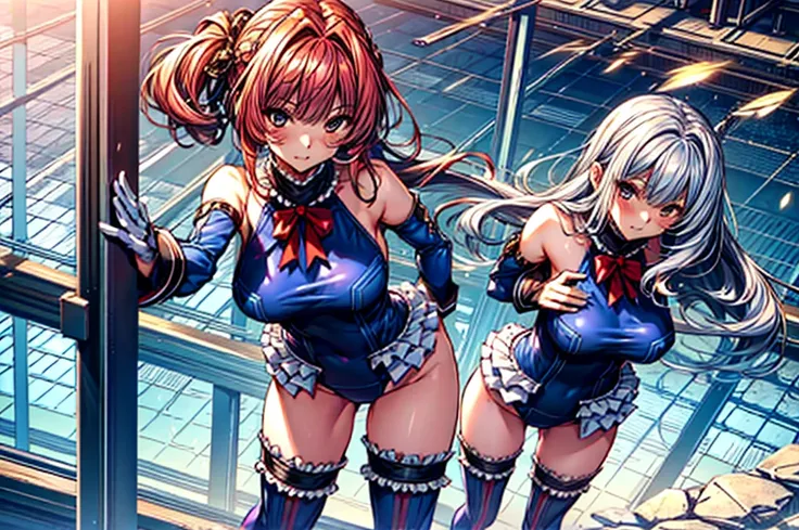 3girls, ( (Digital) (8k ), medium breasts, (frilled swimsuit, thighhighs, detached sleeves)) , highest quality, marierose,1 girl,,,(Futuristic laboratory with large capsules)