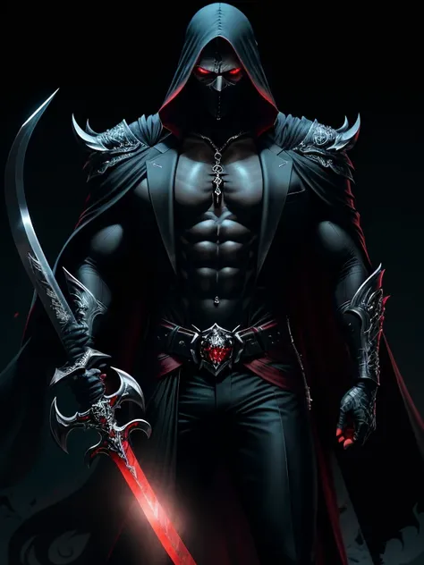 ultra detailed, highres, from below, handsome, elegant man, elegant pose, holding a sword with blood on it ,His piercing red eyes shine with intensity. Clad in sleek black suitd, he exudes an aura of enigma. Towering with an imposing stature and a chiseled...