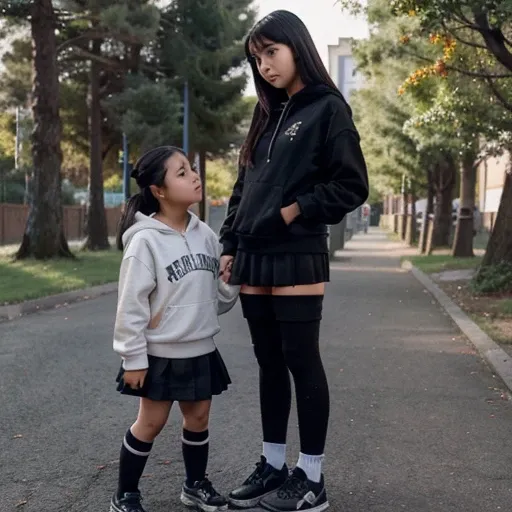 12-year-old Asian girl in a school uniform with a short skirt, knee-high socks and black shoes on a path surrounded by trees holding hands with her younger sister in the same  and the face of an older man with a hoodie watching. 