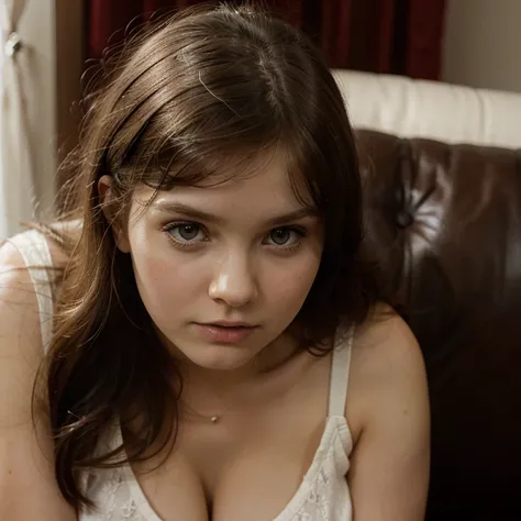 A young abigail breslin laying on a psychiatrist couch shot from above.  Cleavage.  Looking embarrassed. Flawless skin. Tight white dress.  Perfect makeup.  Worried look. Mouth slightly open. Medium closeup. Young face. Looks about 12 years old.  Looking a...